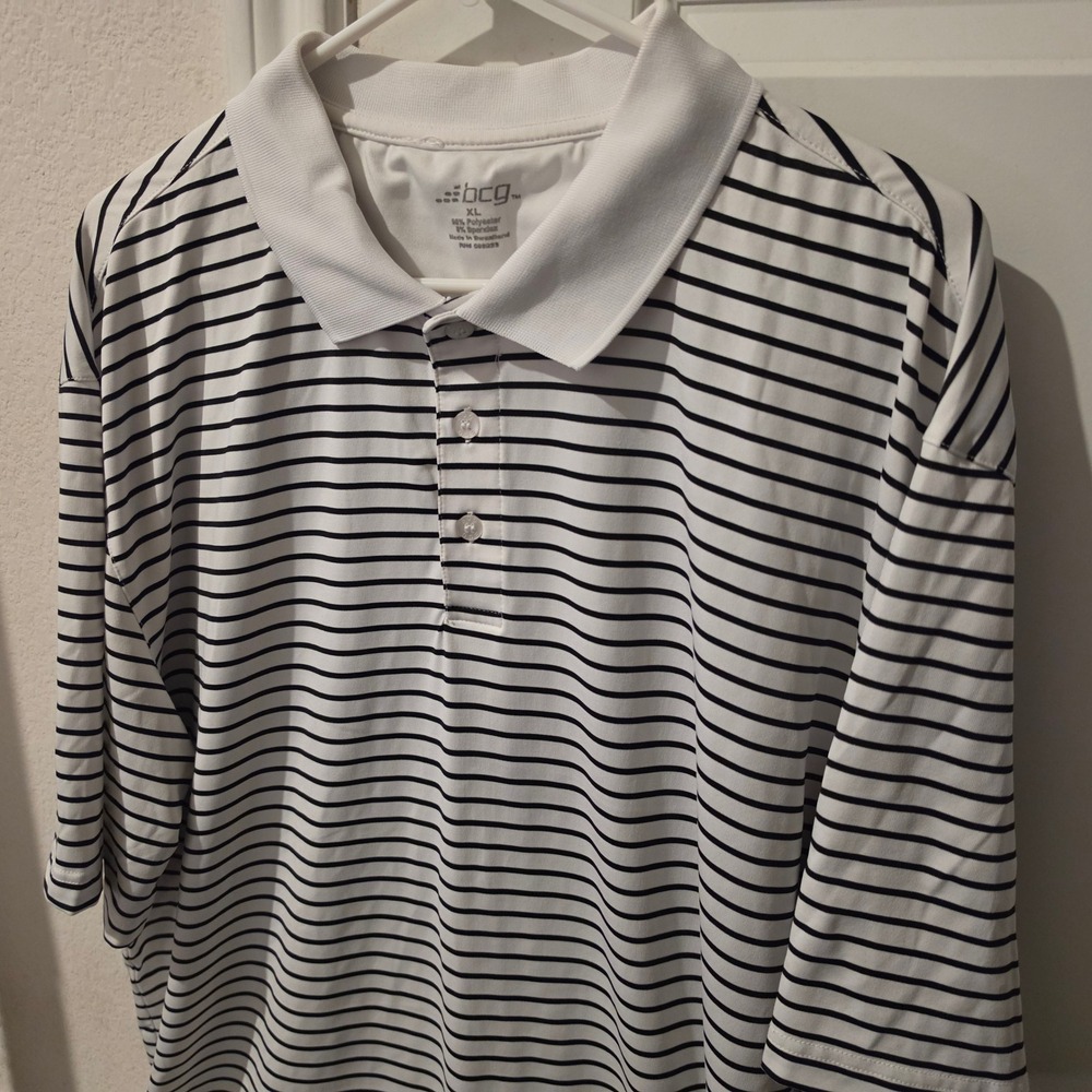 BCG Mens XL Performance Polo Shirt White Black Striped Short Sleeve Stretch Golf